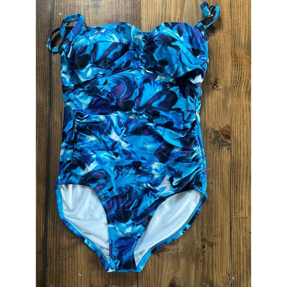 Merona‎ Womens Blue Purple Abstract Floral Ruched Tankini Swim Top Size Small